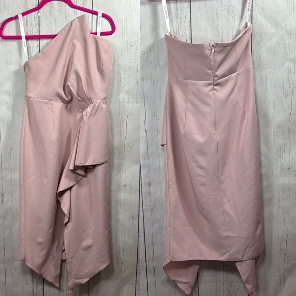 JJs House Blush Pink Strapless Ruffle Asymmetrical Party Cocktail Midi Dress